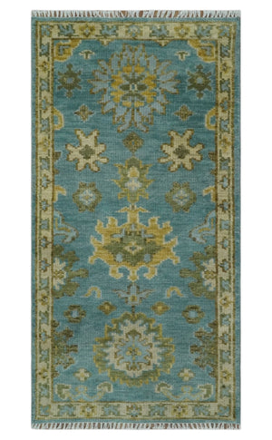 Custom Made Hand Knotted Green And Blue Oushak Runner Wool Rug