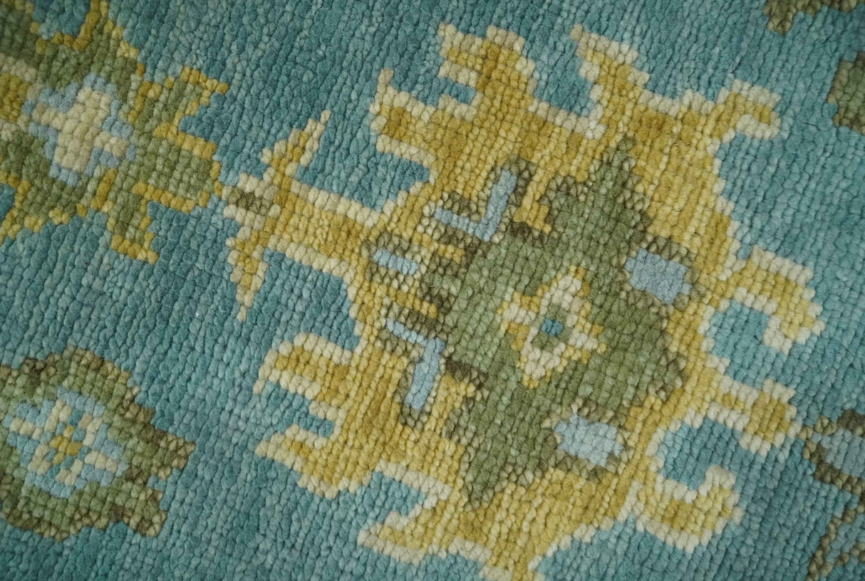 Custom Made Hand Knotted Green And Blue Oushak Runner Wool Rug