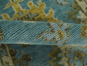 Custom Made Hand Knotted Green And Blue Oushak Runner Wool Rug