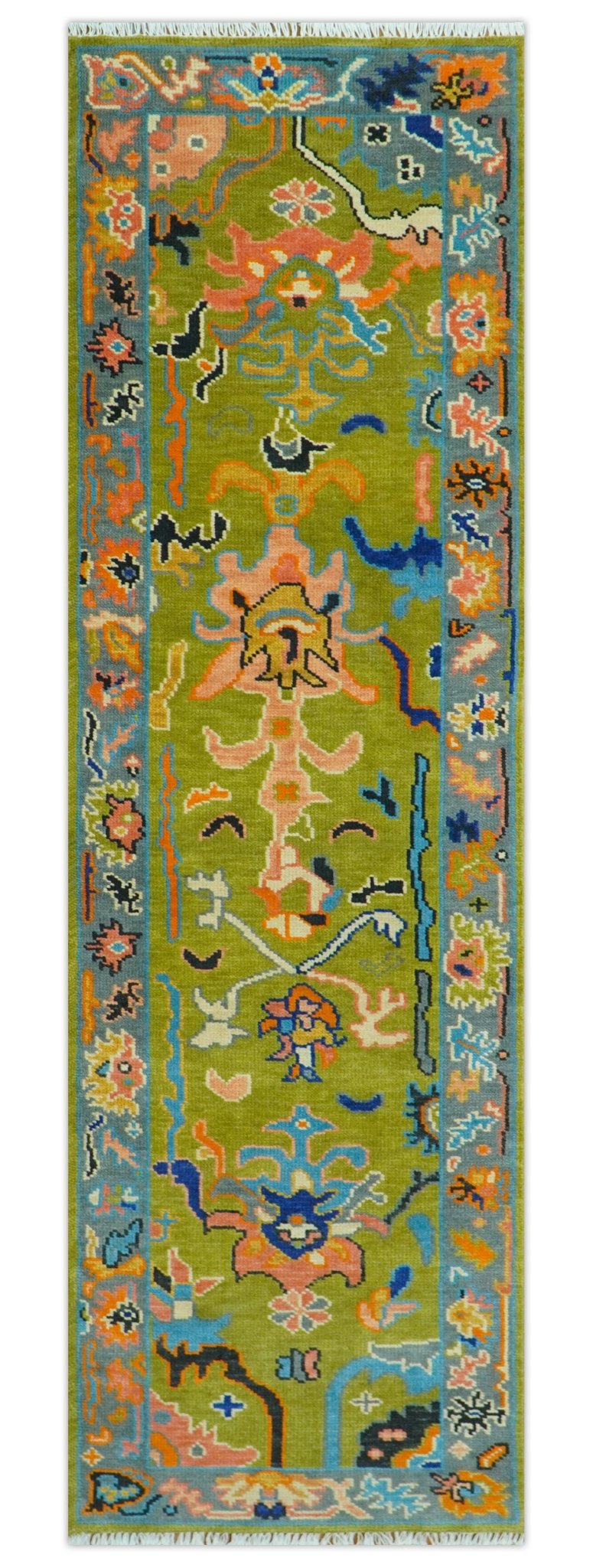 Custom Made Hand Knotted Green And Gray Oushak Runner Rug