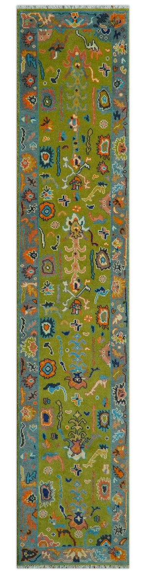 Custom Made Hand Knotted Green And Gray Oushak Runner Rug