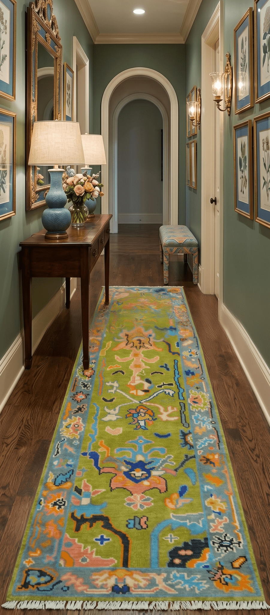 Custom Made Hand Knotted Green And Gray Oushak Runner Rug