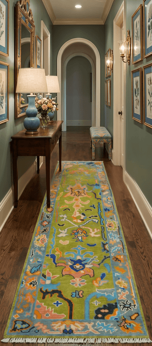 Custom Made Hand Knotted Green And Gray Oushak Runner Rug