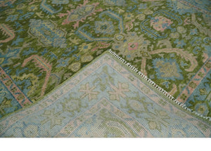 Custom Made Hand Knotted Green, Silver and Peach Traditional Oushak Wool Area Rug