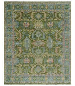 Custom Made Hand Knotted Green, Silver and Peach Traditional Oushak Wool Area Rug