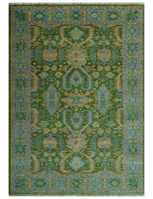 Custom Made Hand Knotted Green, Silver and Peach Traditional Oushak Wool Area Rug