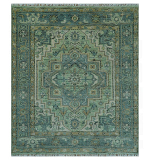 Custom Made Hand Knotted Green and Taupe Traditional wool rug