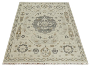 Custom Made Hand Knotted Ivory and Charcoal Medallion Pattern Wool Area Rug