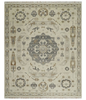 Custom Made Hand Knotted Ivory and Charcoal Medallion Pattern Wool Area Rug