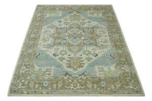Custom Made Hand Knotted Ivory, Olive and Light Blue Traditional Wool Area Rug
