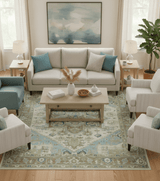 Custom Made Hand Knotted Ivory, Olive and Light Blue Traditional Wool Area Rug