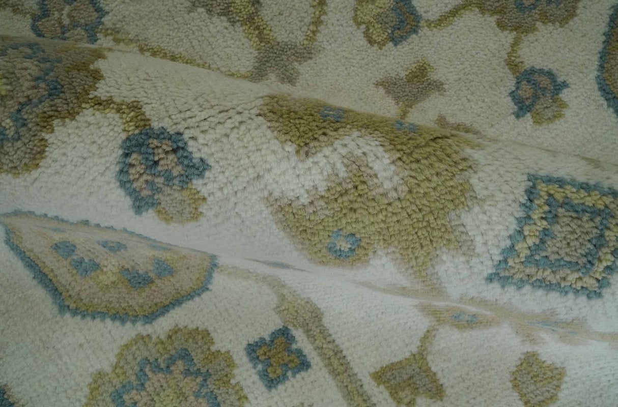 Custom Made Hand Knotted Ivory, Teal and Olive Traditional Oriental Oushak wool rug