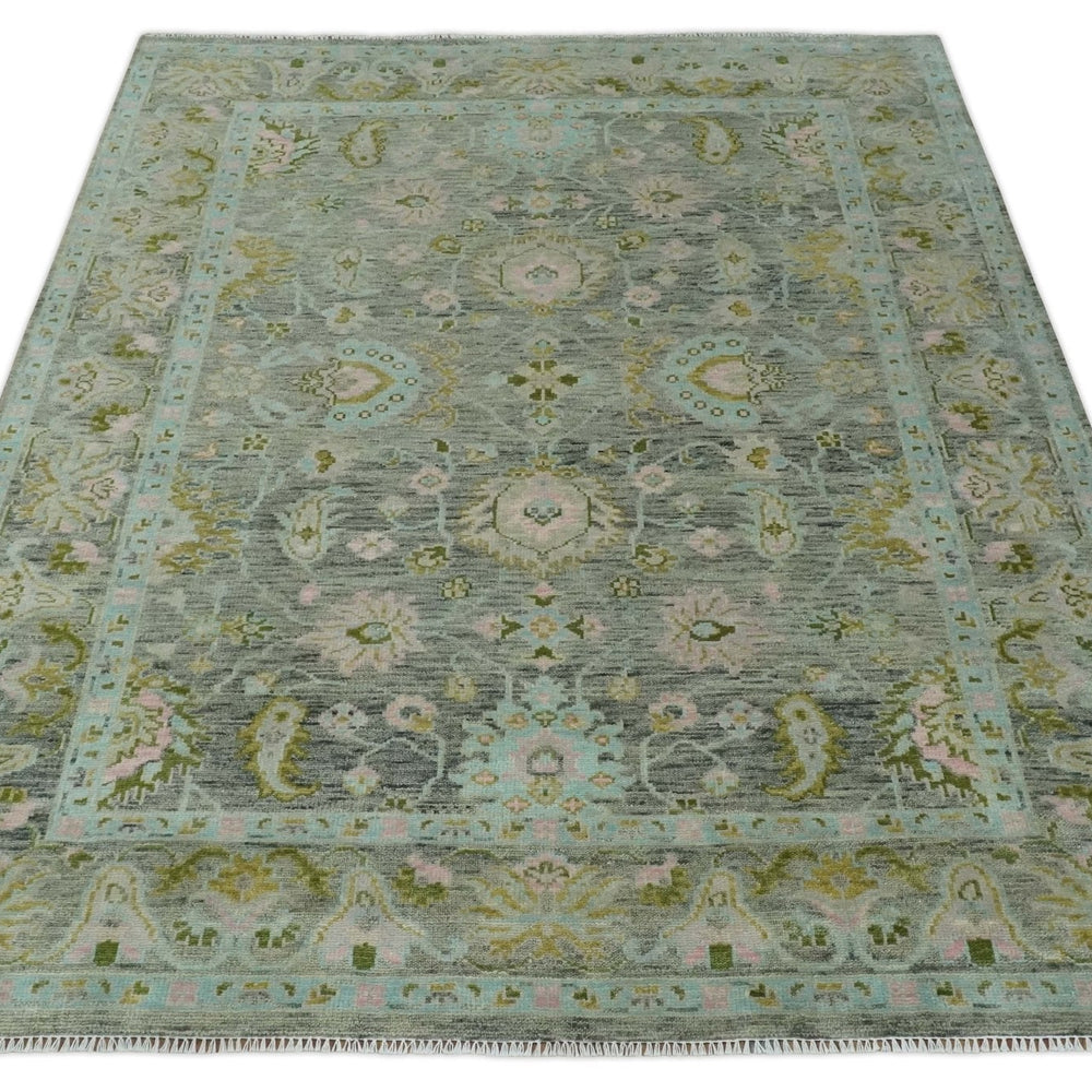 Custom Made Hand Knotted Moss Green Gray and Green Oriental Oushak Multi Size Traditional Wool Area Rug