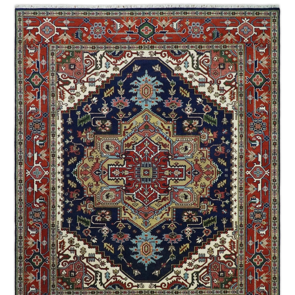Custom Made Hand Knotted Multi Size Large Olive, Blue, Ivory and Rust Traditional Wool Rug