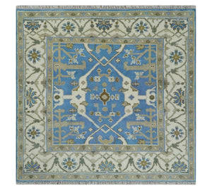 Custom Made Hand Knotted Oriental Oushak Blue and Ivory Wool Area Rug