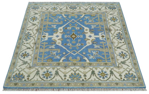 Custom Made Hand Knotted Oriental Oushak Blue and Ivory Wool Area Rug