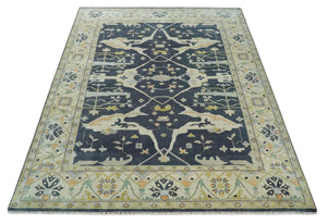 Custom Made Hand Knotted Oriental Oushak Charcoal, Ivory and Olive Wool Area Rug