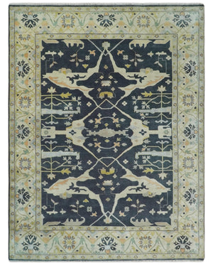 Custom Made Hand Knotted Oriental Oushak Charcoal, Ivory and Olive Wool Area Rug