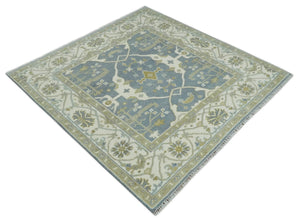 Custom Made Hand Knotted Oriental Oushak Ivory, Charcoal and Olive Wool Area Rug