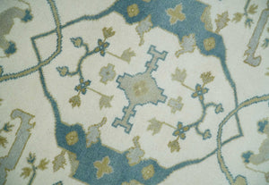 Custom Made Hand Knotted Oriental Oushak Ivory, Teal and Beige Wool Area Rug