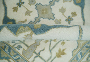 Custom Made Hand Knotted Oriental Oushak Ivory, Teal and Beige Wool Area Rug