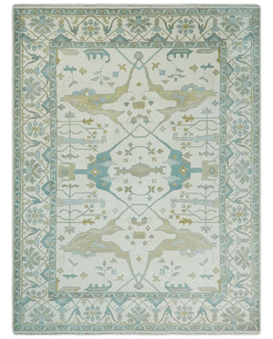 Custom Made Hand Knotted Oriental Oushak Ivory, Teal and Beige Wool Area Rug