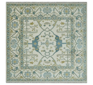 Custom Made Hand Knotted Oriental Oushak Ivory, Teal and Beige Wool Area Rug