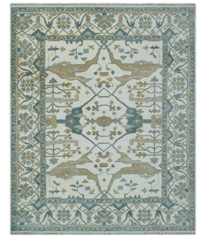 Custom Made Hand Knotted Oriental Oushak Ivory, Teal and Beige Wool Area Rug
