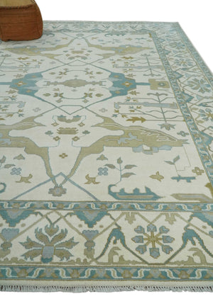 Custom Made Hand Knotted Oriental Oushak Ivory, Teal and Beige Wool Area Rug