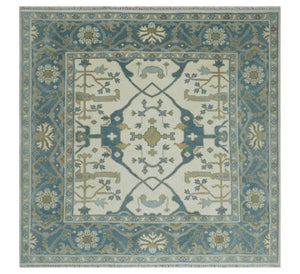 Custom Made Hand Knotted Oriental Oushak Ivory, Teal and Beige Wool Area Rug