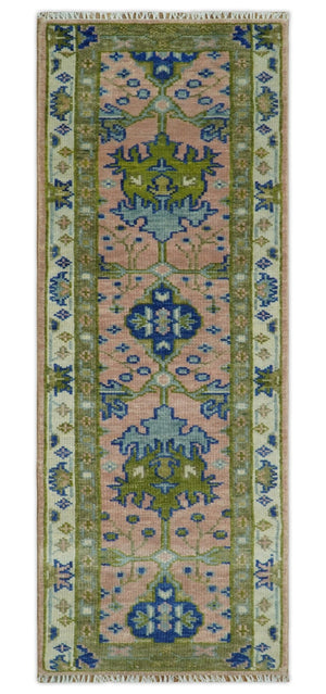 Custom Made Hand knotted Peach, Green and Blue Antique Design Area Rug