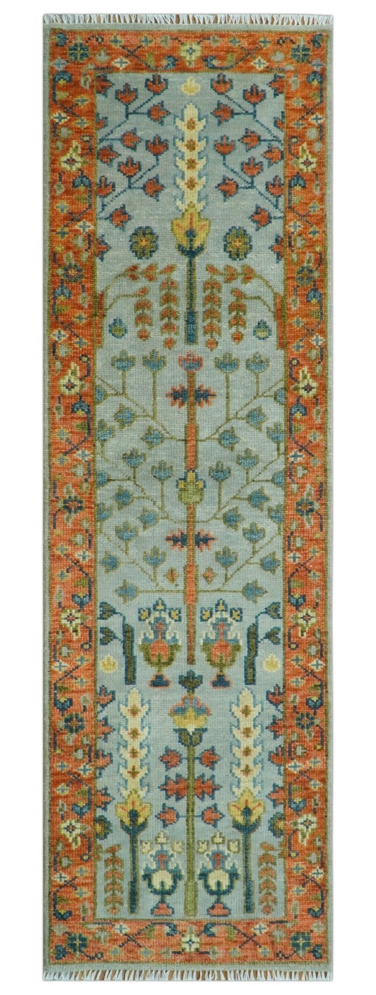Custom Made Hand Knotted Rust And Silver Tree of life Runner Wool Rug