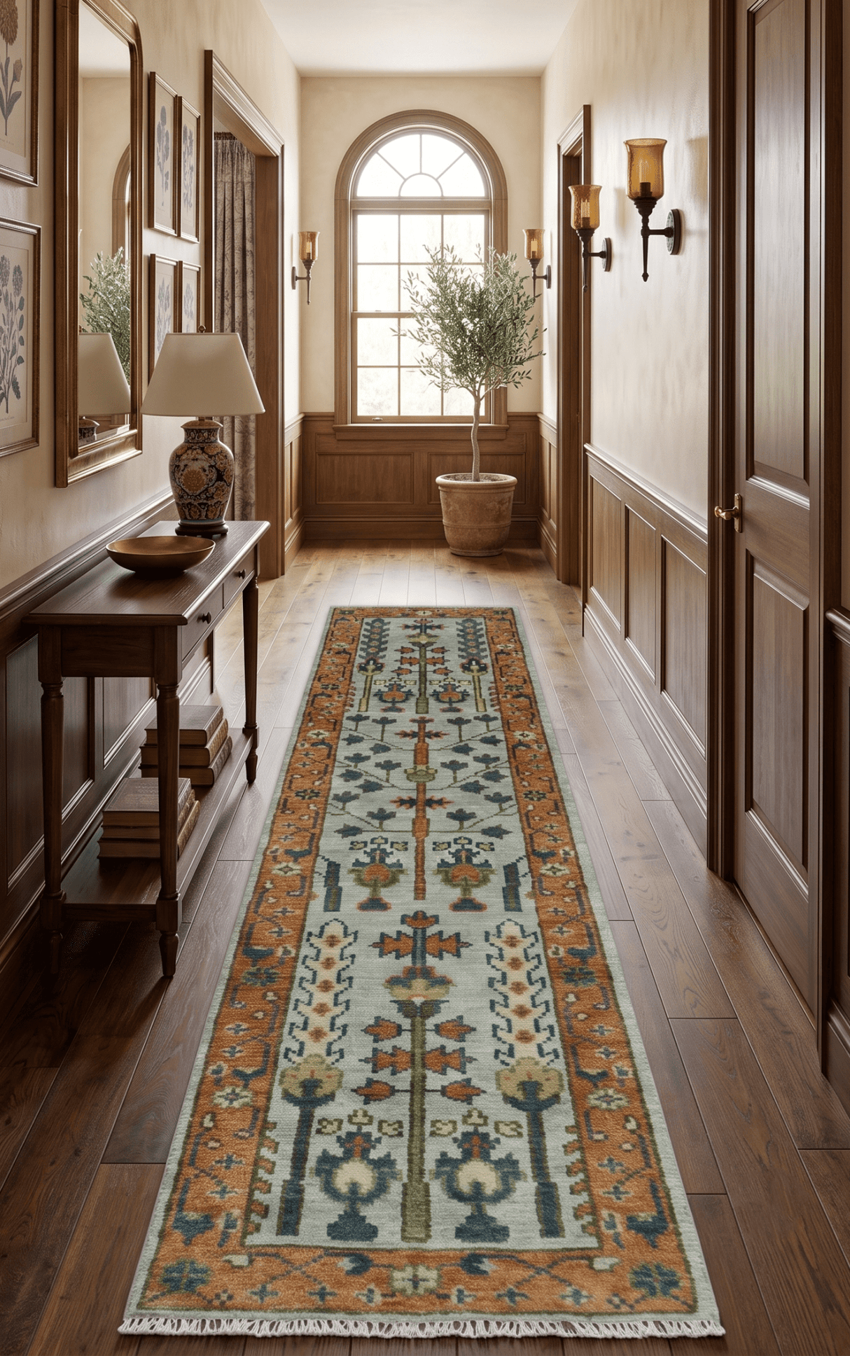 Custom Made Hand Knotted Rust And Silver Tree of life Runner Wool Rug