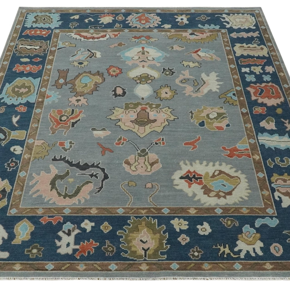 Custom Made Hand Knotted Silver and Blue Colorful Traditional Oushak Wool Area Rug
