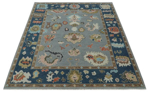 Custom Made Hand Knotted Silver and Blue Colorful Traditional Oushak Wool Area Rug