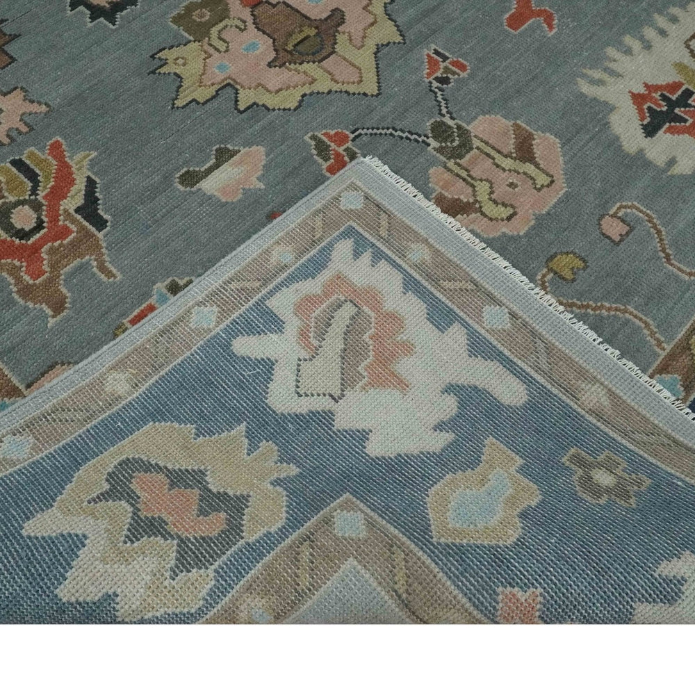 Custom Made Hand Knotted Silver and Blue Colorful Traditional Oushak Wool Area Rug