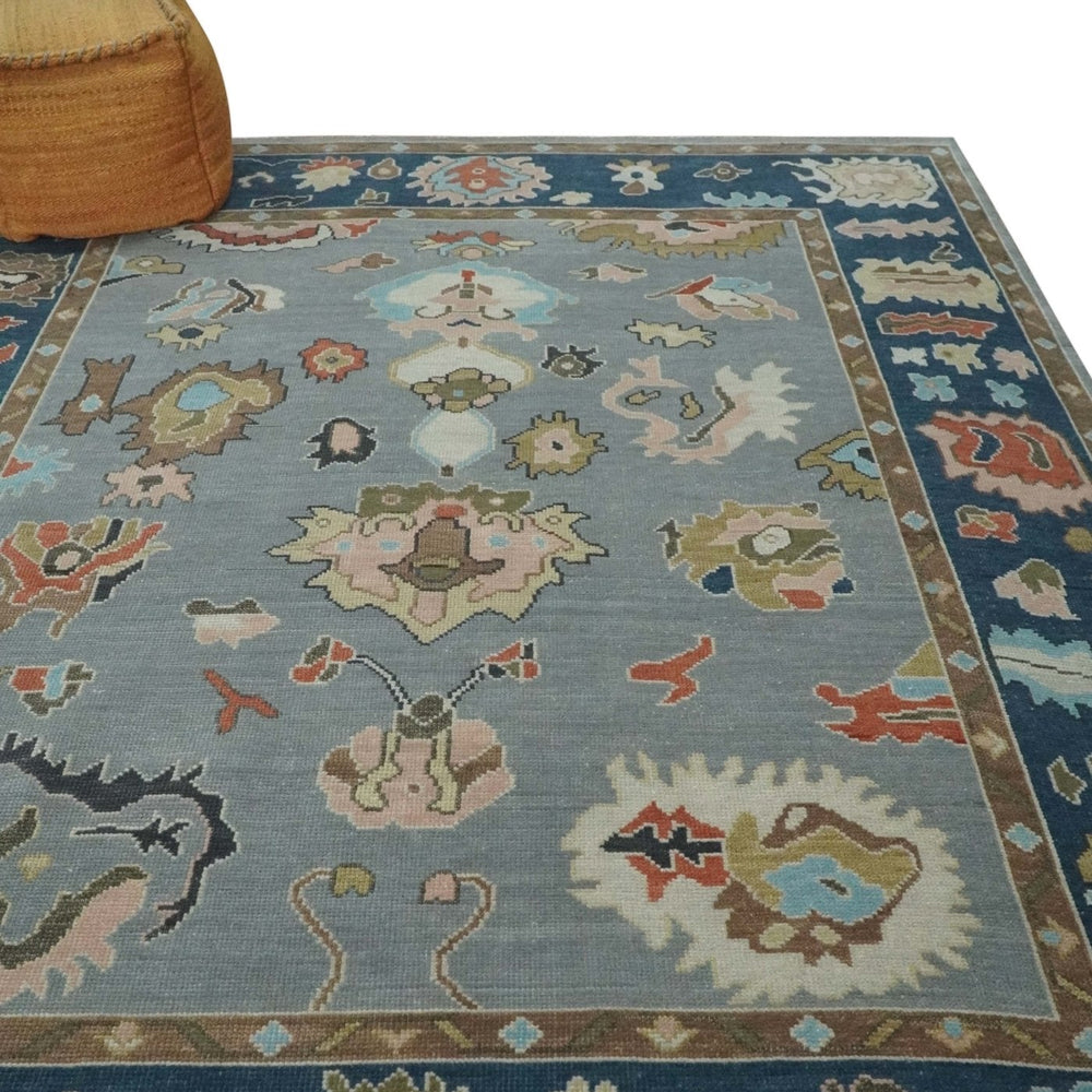 Custom Made Hand Knotted Silver and Blue Colorful Traditional Oushak Wool Area Rug