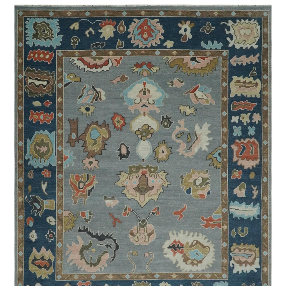Custom Made Hand Knotted Silver and Blue Colorful Traditional Oushak Wool Area Rug