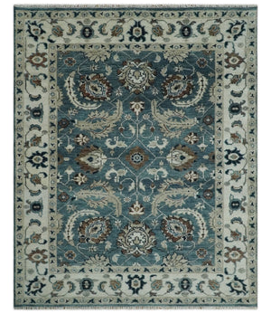 Custom Made Hand Knotted Teal and Ivory Traditional Antique Style Wool Area Rug