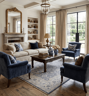 Custom Made Hand Knotted Traditional Blue and Beige Antique Textured Low Pile Distressed Wool Rug