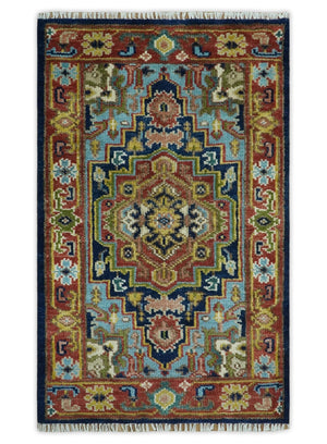 Custom Made Hand Knotted Traditional Rust And Blue Runner Wool Rug