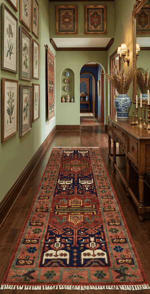 Custom Made Hand Knotted Traditional Rust And Blue Runner Wool Rug