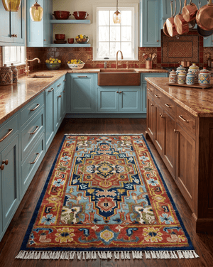 Custom Made Hand Knotted Traditional Rust And Blue Runner Wool Rug