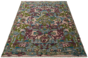 Custom Made Hand Knotted Transitional Green, Pink and Purple wool Area Rug