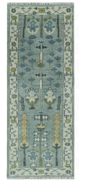 Custom Made Hand Knotted Tree of life Blue And Ivory Runner Wool Rug