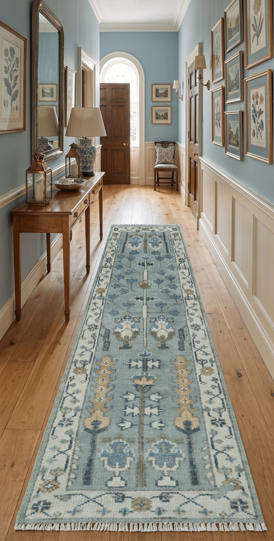 Custom Made Hand Knotted Tree of life Blue And Ivory Runner Wool Rug