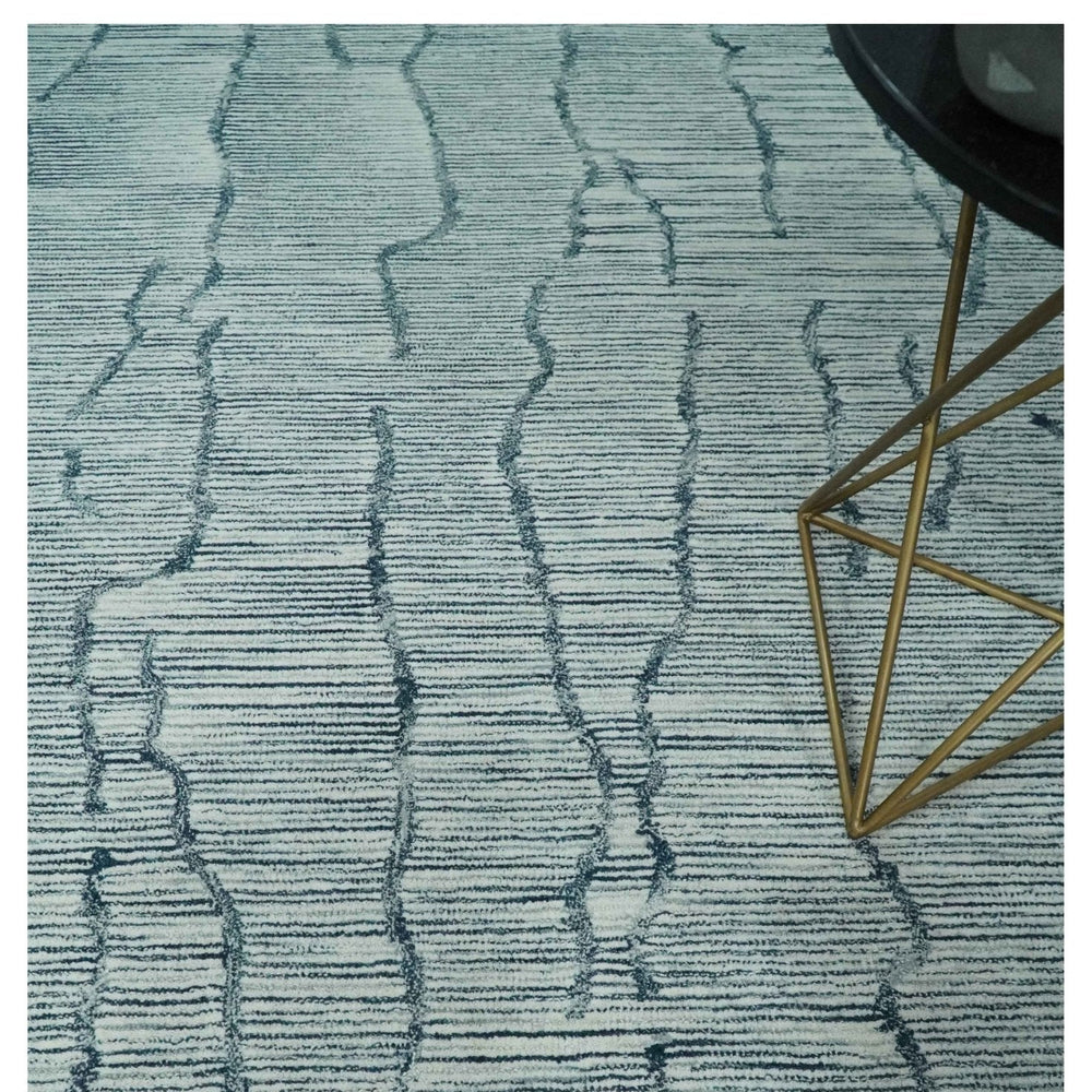 Custom Made Hand Tufted Multi Size Woolen Modern Ivory and Blue Area Rug
