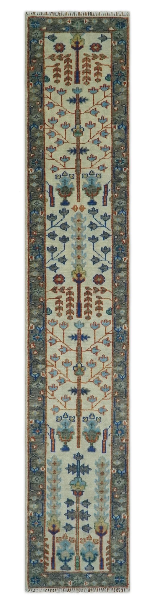 Custom Made Ivory And Gray Tree of life Hand Knotted Runner Rug