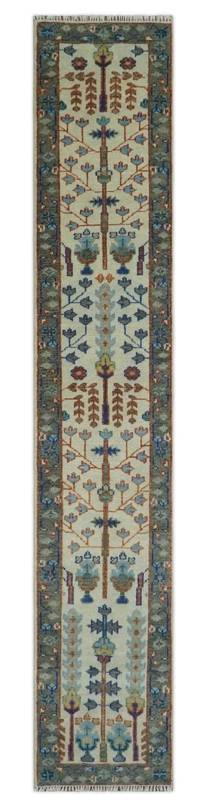 Custom Made Ivory And Gray Tree of life Hand Knotted Runner Rug