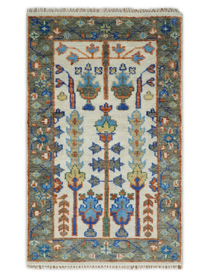 Custom Made Ivory And Gray Tree of life Hand Knotted Runner Rug